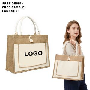 Sac de plage en jute écologique avec logo personnalisé, poignée en coton, sac à bandoulière imperméable, sac de courses réutilisable avec bouton - Product Image 1