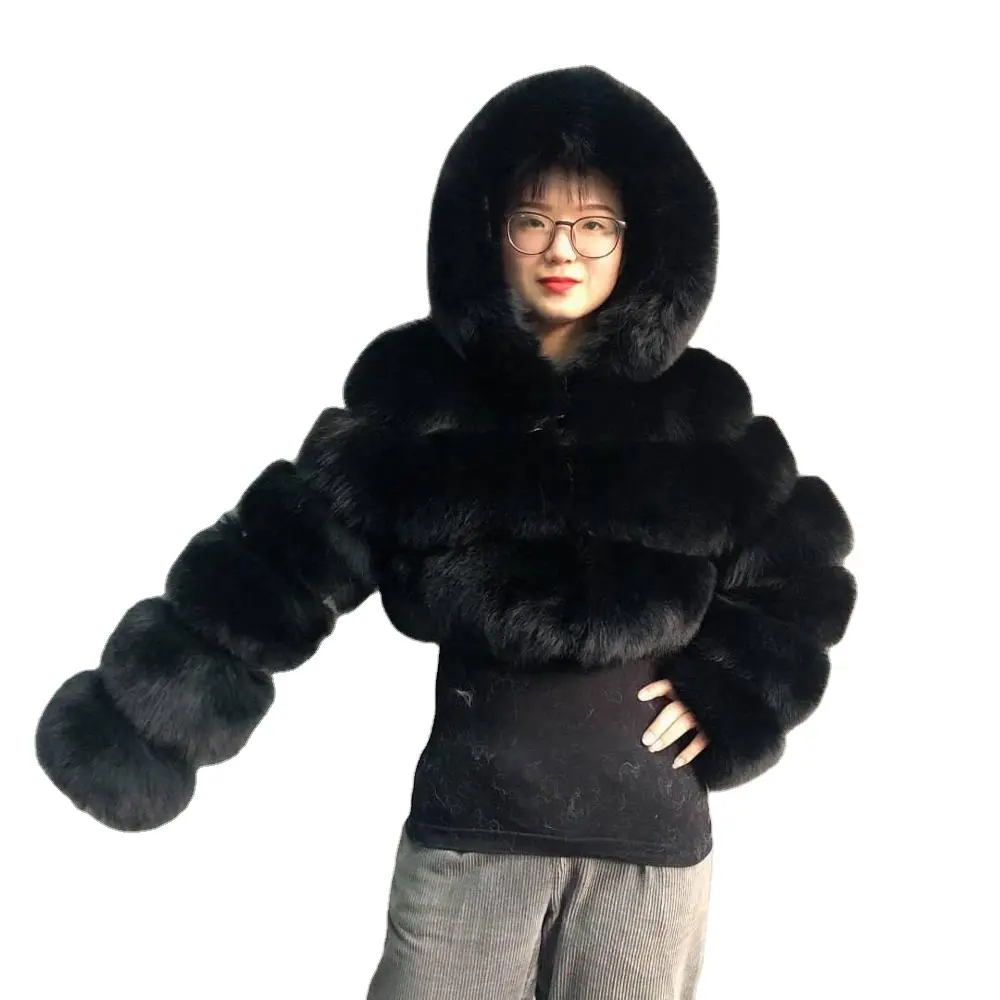 Cropped Winter Coat Jacket Women Faux Fox Fur CoatとHood Fashion Short Style Fake Fur CoatためLady