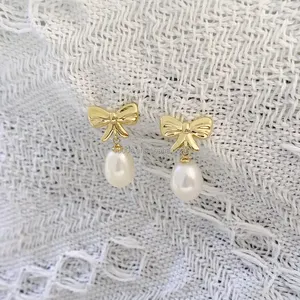 14K Solid Gold AU585 Bow Pearl Stud Earrings Fine Jewelry Earrings Jewelry Women