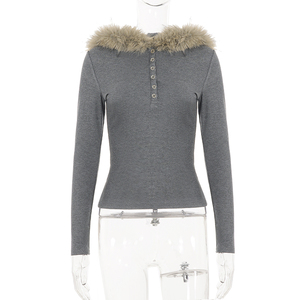 European casual hooded fur collar button front slim flattering <b>top</b> <b>Y2K</b> vintage versatile commute outer wear T shirt - Product Image 6