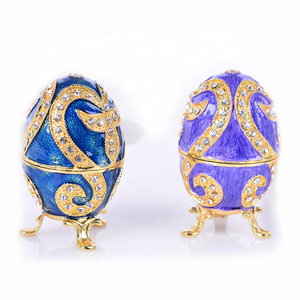 Caja de joyería de metal esmaltado para mujeres, joyería de alta calidad con forma de huevo ruso, color azul esmaltado, regalo del día de Pascua - Product Image 4