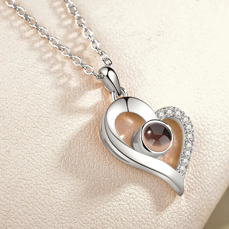 Valentine's Day I Love You In 100 Languages Rose Gold Plated Heart Memory Projection Pendant Necklace For Women