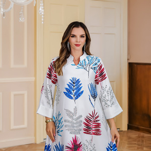 Robe Abaya d'été pour femme musulmane, en polyester, imprimée de strass, à manches longues, motif floral, style Moyen-Orient, vêtement islamique, longueur au sol - Product Image 6