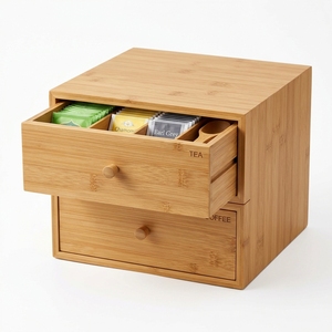 Organizador de Café de Bambú con 2 Cajones, Caja de Almacenamiento de Té con Etiquetas Grabadas para Cápsulas <span class=keywords><strong>Nespresso</strong></span> y K-Cup, Nuevo - Product Image 1