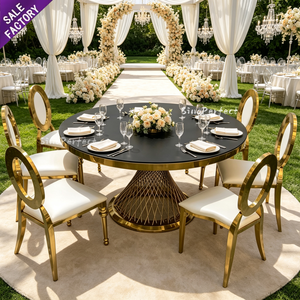 Table de banquet de luxe en acier inoxydable doré avec plateau en verre trempé pour mariage, événement ou fête - Product Image 1