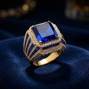 Anillo de Zafiro Azul con Engaste de Garras Chapado en Oro y Piedra Central Cuadrada para Regalo de Boda o Fiesta - Product Image 3