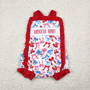 Boutique Independence Day Baby Toddler Girl Outfits Letters Bows Print Sleeveless Top Red Shorts 2-Piece Set for 4th of July - Product Image 3