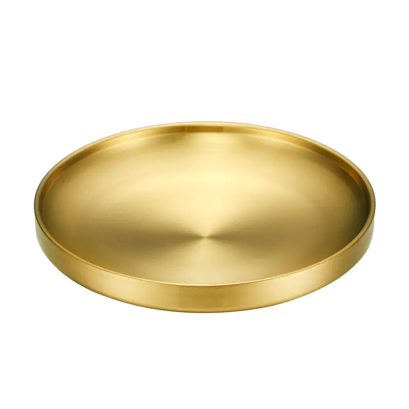 Thick gold matte double wall Serving Tray round Korea style 304 stainless steel plates and dishes Eco Friendly 17/19/21/ 23cm