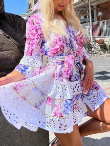 Robes décontractées pour femmes à imprimé coloré, col en V, manches trois quarts, taille empire, patchwork, longueur genou, style bohème, boutonnées - Product Image 6