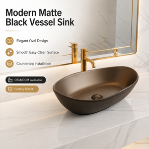 Lavabo de salle de bain ovale moderne <span class=keywords><strong>en</strong></span> <span class=keywords><strong>céramique</strong></span> noire mate de luxe à poser sur comptoir - Product Image 1