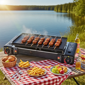 Estufa de tarjeta de doble quemador portátil con encendido de 3 segundos Estufa de campamento de combustible de gas butano a prueba de viento para pequeños viajes de campamento al aire libre - Product Image 1
