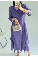 Robe plissée style Miyake pour femme, élégante, col en V, manches longues, robe maxi avec franges diagonales, tenue de style designer