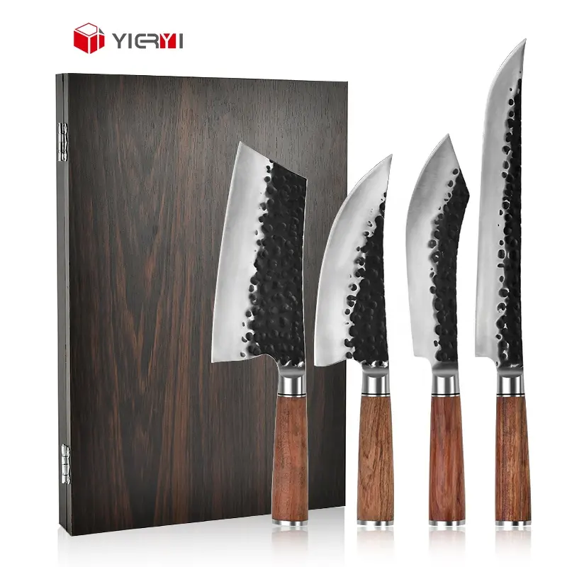 Wholesale 4pcs Handmade Forged Kitchen Knife Set 50Cr15mov Carbon Steel Chef Knife Butcher Boning Knife Serbian Viking Cleaver