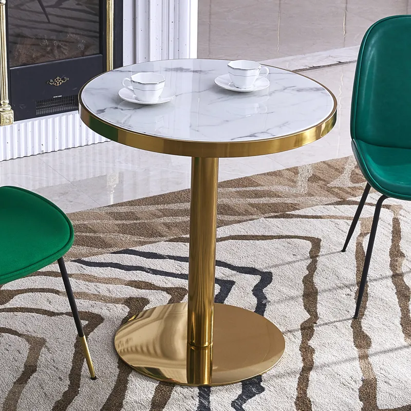 Table à manger de style contemporain simple, avec base chromée or, haut rond en marbre blanc, table de restaurant, livraison gratuite