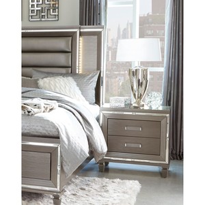 <b>Silver</b> Gray Metallic Nightstand Beveled <b>Mirror</b> Trim Dovetail Drawers Wooden Furniture - Product Image 4