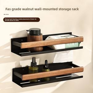 Estante de Almacenamiento Premium para Montar en la Pared, Marco de Metal Negro con Acentos de Madera de Nogal, Organizador para Baño y Cocina - Product Image 1
