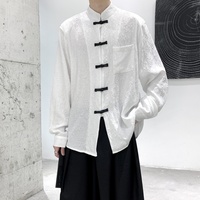 Chemise décontractée pour homme, style Tang traditionnel, à manches longues, col montant, gaufrée, avec boutons grenouille, pour le quotidien