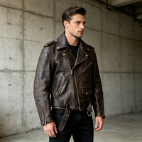 Veste en cuir pour homme, style moto, avec logo brodé en relief personnalisé OEM, fermeture éclair, effet vieilli et délavé.