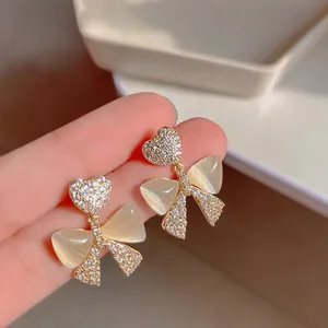 LX-177 Fashion Fancy Stud Ear Jewelry for Girls Women Cat Eye Stone Bowknot Diamond Crystal Heart Bow Design Earrings Rhinestone