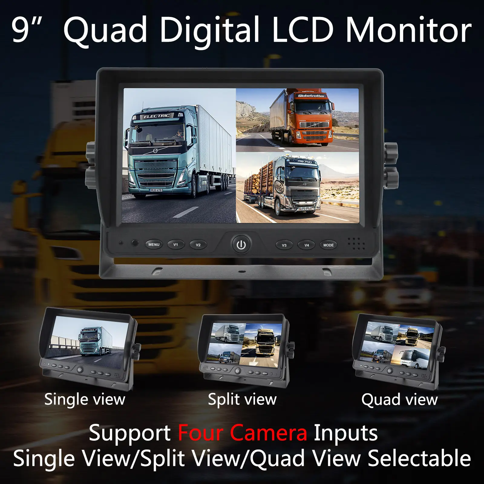 Nhà Máy bán hàng 9 inch Xe Màn hình 4Ch Quad chia màn hình Màn hình CVBS đầu vào phía sau xem màn hình cho xe tải RV Trailer van xe buýt cắm trại
