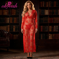 Ensemble de lingerie grande taille sexy en dentelle cils, robe de nuit à manches longues, décolleté plongeant en V profond, fente, transparente, avec string, tailles S-2XL, vente en gros