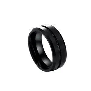 Wholesale Simple 8mm Black Titanium Steel Single Groove Dome Rings Matte Finish Ring Wedding Rings For Men
