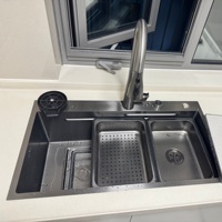 Évier de cuisine multifonctionnel en acier inoxydable noir avec revêtement nano, 4 trous, à monter soi-même, pour poste de travail, vente en gros usine