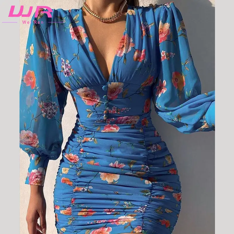 Elegant casual dresses ladies sexy party fashion custom long sleeves floral ruched mini bodycon print women dress