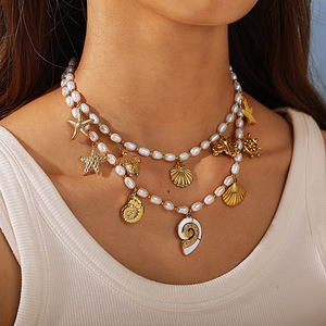 สร้อยคอจี้รูปสัตว์ทะเลประดับมุกน้ำจืด ชุบทอง 18K สร้อยคอแฟชั่นสำหรับผู้หญิง มุกสีขาว รูปทรงสัตว์ สไตล์โบฮีเมียน - Product Image 4