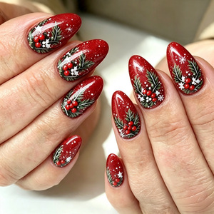24 Uñas Postizas Ovaladas de Navidad, Color Borgoña con Purpurina, Diseño de Bayas y Copos de Nieve, Estilo Vintage Forestal, para Salón o Uso Personal - Product Image 1
