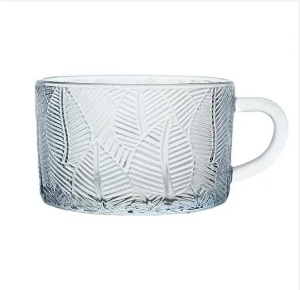 Cristalería Retro Relief Escultura 13oz Desayuno Taza de leche de vidrio transparente con taza de vidrio de hoja en relieve