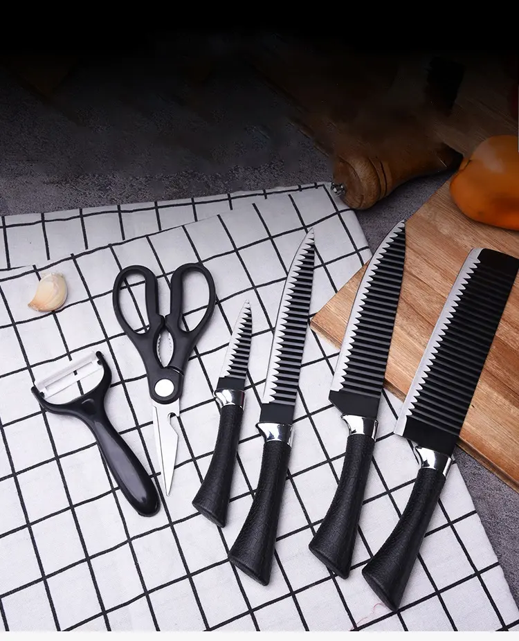 Conjunto de facas de aço inoxidável de seis peças Black Wave Padrão Fruit Carving Knife Set Nitidez Meat Cleaver Non-stick Faca de cozinha