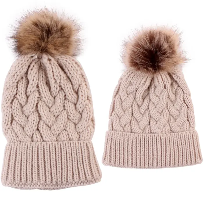 Mùa đông Beanies Mũ bé và mẹ len dệt kim mùa đông ấm áp dày cha mẹ con Xoắn dệt kim lông bóng mũ