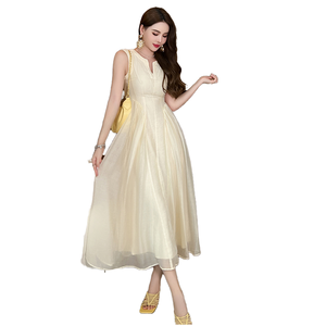 ZYHT 9645 Notched Neck Sleeveless Natural Waist Pleated A-Line Knee-Length Summer Ruffles Solid Color <b>Zipper</b> Eco-Friendly - Product Image 1