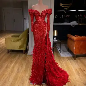 Vestido de noche rojo con hombros descubiertos, con lentejuelas, plumas, manga larga, corte alto, Sexy, 2021