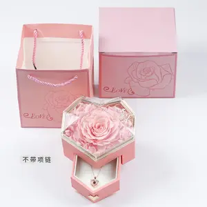 AYOYO ODM Luxury Heart Shaped Acrylic Ring or Necklace Jewelry Boxes With Long Lasting Forever Real Roses