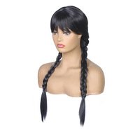 Wig Kepang Panjang Hitam Kustom HLC dengan Poni Wig Sintetis Hitam Panjang Buatan untuk Wanita Wig Cosplay Karakter Penyihir Anime