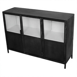 Industrial Metal <b>Sideboard</b> Cabinet with Glass Doors Black 3 Door Storage Credenza for Dining Room - Product Image 3