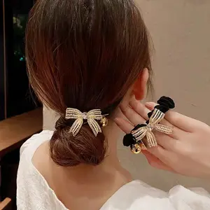 Rhinestone Bows Girls Women's Large Intestines Hair Rings Luxury Pearl Metal Elastic Hair Rope Accessories