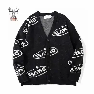 Low MOQ Custom Cardigan Men Knitted Jacquard Logo Knit Cardigan Long Sleeve Custom Knitted Cardigan Sweater Mens