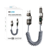 Kabel Multi USB PD 240W dengan Layar LED Penunjuk Daya 4 in 1 Kabel Pengisi Daya Tipe C Gulung Retraktil