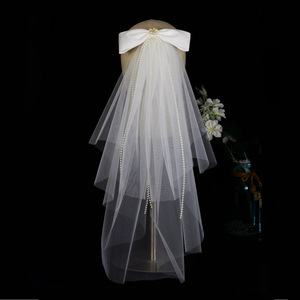 Voile de mariée français délicat perle arc accessoires de mariage simple arc blanc perlé frange Double couche fil doux - Product Image 3