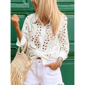 เสื้อเบลาส์แฟชั่นผู้หญิงสีขาวเซ็กซี่เสื้อเชิ้ตแขนยาวลำลองสีพื้นเสื้อแฟชั่นผ้าแจ็คการ์ดสไตล์วินเทจ - Product Image 6