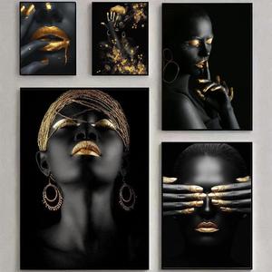 Póster <span class=keywords><strong>de</strong></span> Mujer Africana <span class=keywords><strong>de</strong></span> Oro Negro, Impresión en Lienzo Decorativa <span class=keywords><strong>de</strong></span> Pared Moderna en PVC Impermeable HD, Retrato Abstracto - Product Image 2