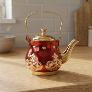 Vintage Red Metal Tea <b>Kettle</b> With <b>Gold</b> Handle And Lid Decorative Design - Product Image 3