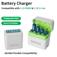 Chargeur de piles intelligent 8 emplacements AA AAA avec écran LCD intégré, support de charge à entrée Type-C, télécommande grand écran