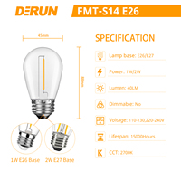 Bombilla LED de Filamento Vintage S14 de Bajo Consumo, 1W/2W, Base E26/E27, 2700k, para Uso Festivo