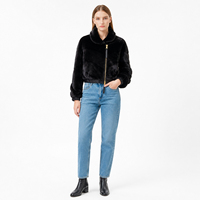 Blouson Bomber Streetwear Noir Jet en Vison pour Femme, Court, Simple Boutonnage, Hiver, Coupe-Vent, Écologique, Décontracté, Style Moto, avec Bordure en Fourrure et Cuir, en Polyester