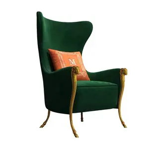 หนังนอร์ดิกยุโรปออกแบบเก้าอี้ไม้สีฟ้า wingback ขี้เกียจล็อบบี้หรูหราเก้าอี้ห้องนั่งเล่นพระราช