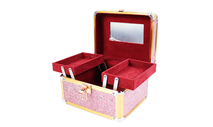 Small Vintage Style Red Aluminum <strong>Makeup</strong> <strong>Box</strong> with Leopard Print Portable Cosmetic Case Featuring Glitter and Mirror for Travel - Product Image 3